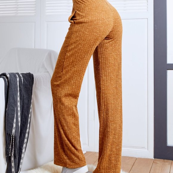 Marled Camel Ribbed Straight Wide Leg Pants - Picture 3 of 7